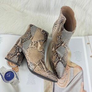 Women's Bamboo Snake Embossed Faux Leather Chunky Block Heel Ankle Bootie